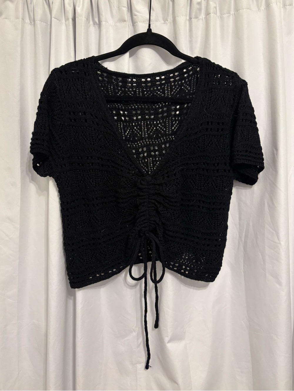 Black Crochet Tie-Front V-Neck Women's Top